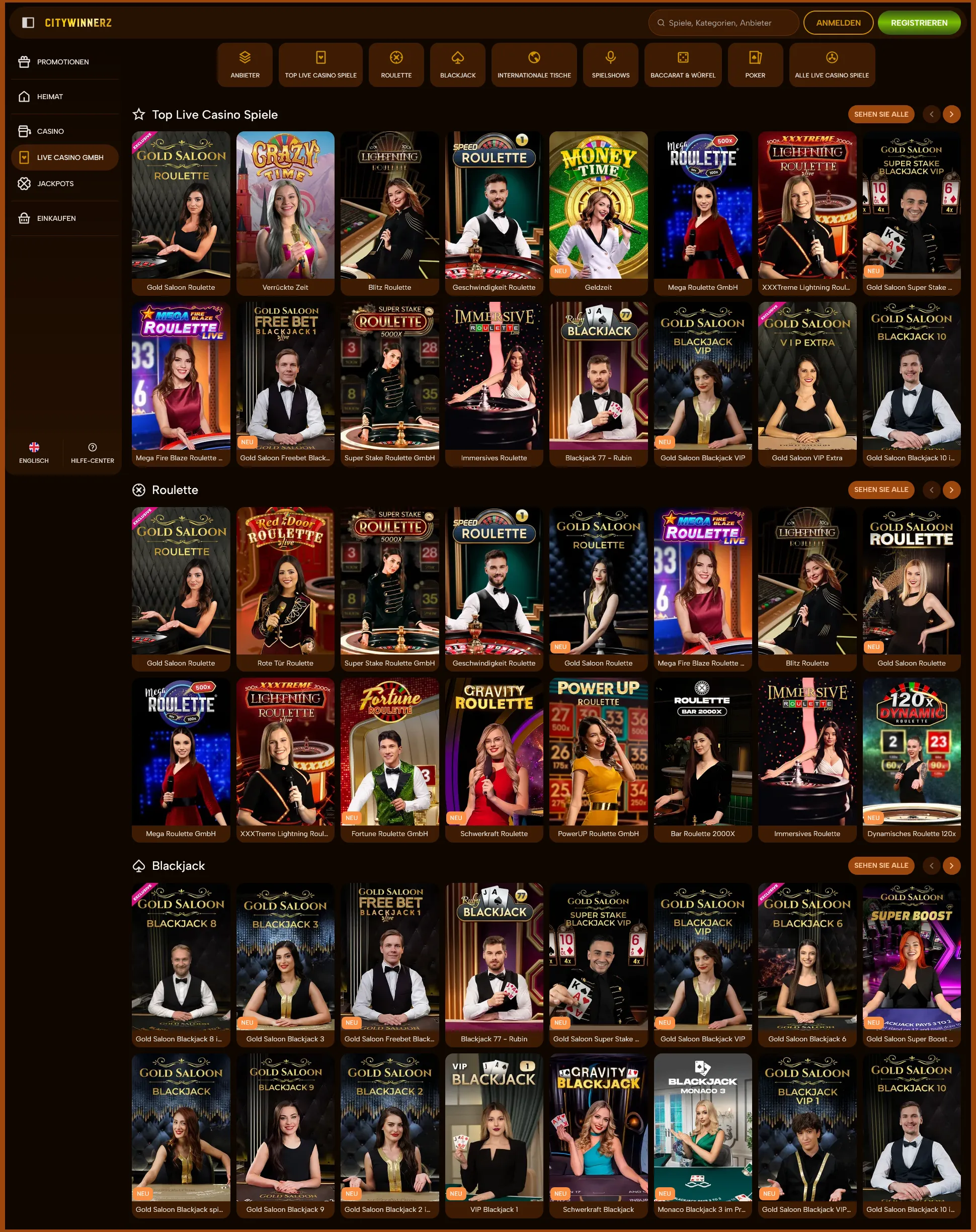 Alle Live-Casinospiele Übersicht bei CityWinnerz Casino DE