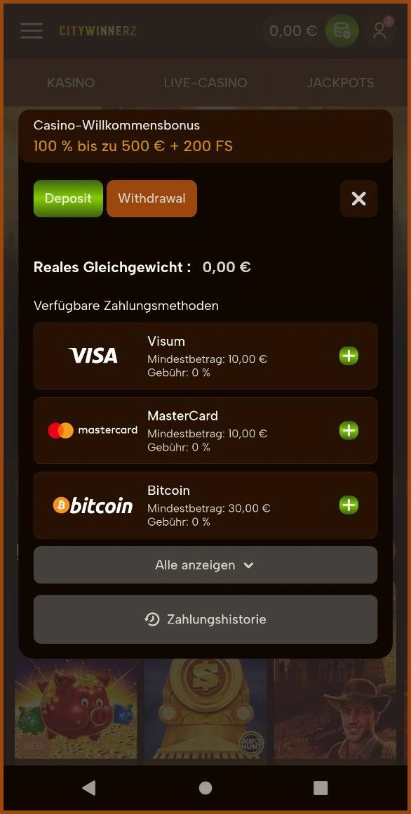 Einzahlungsmethoden im CityWinnerz Casino