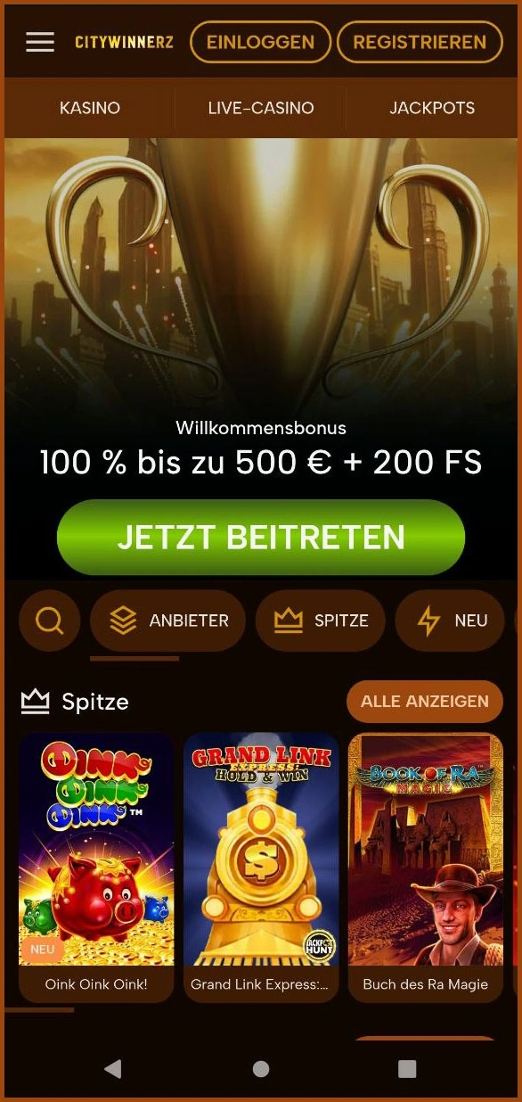 Mobile Version der CityWinnerz Casino-Startseite