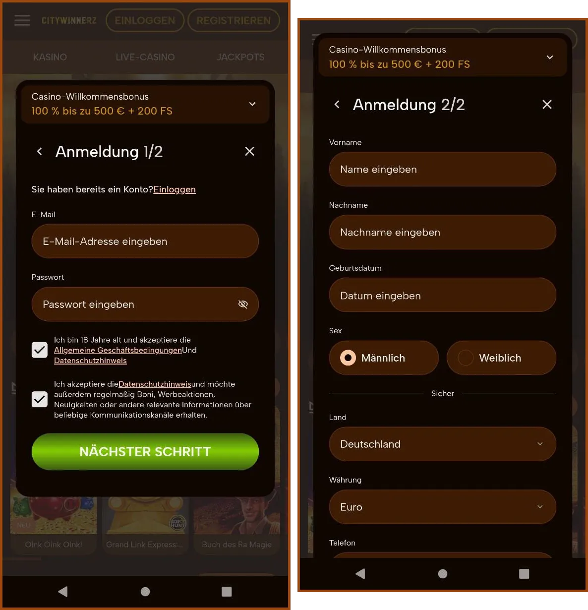 Registrierung für ein neues Konto im CityWinnerz Casino