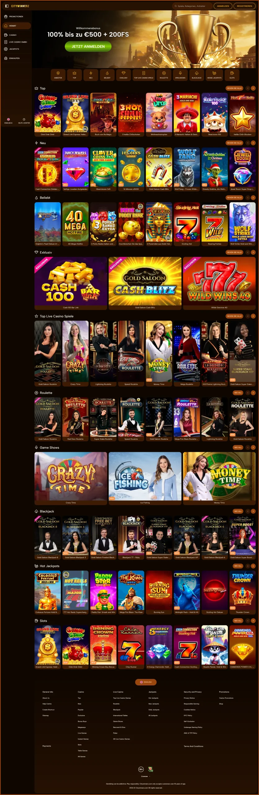Übersicht der CityWinnerz Casino-Hauptseite